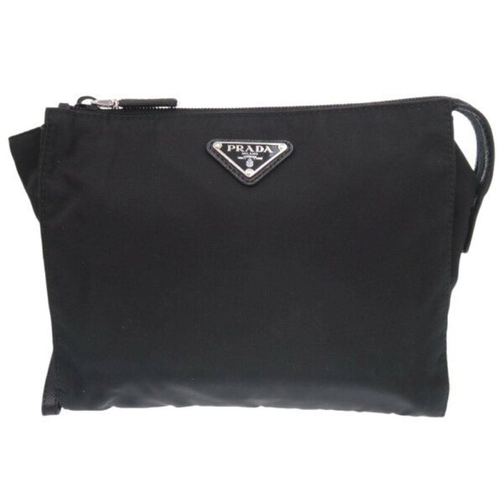 Prada Triangle Logo Leather Black Clutch Bag Shoulder Bag